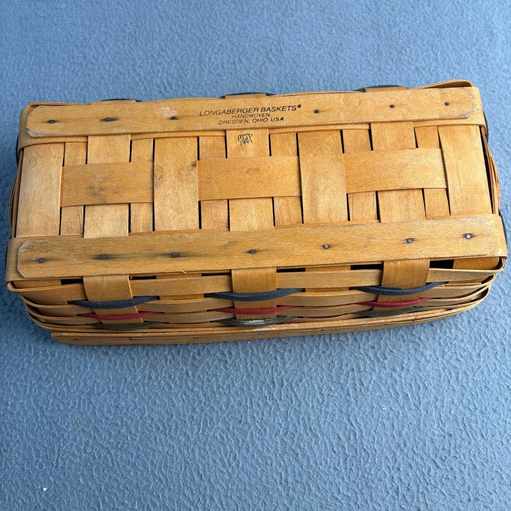 Longaberger 1999 Handwoven Rectangular Basket Red Green Blue Accents 12x6x3.5